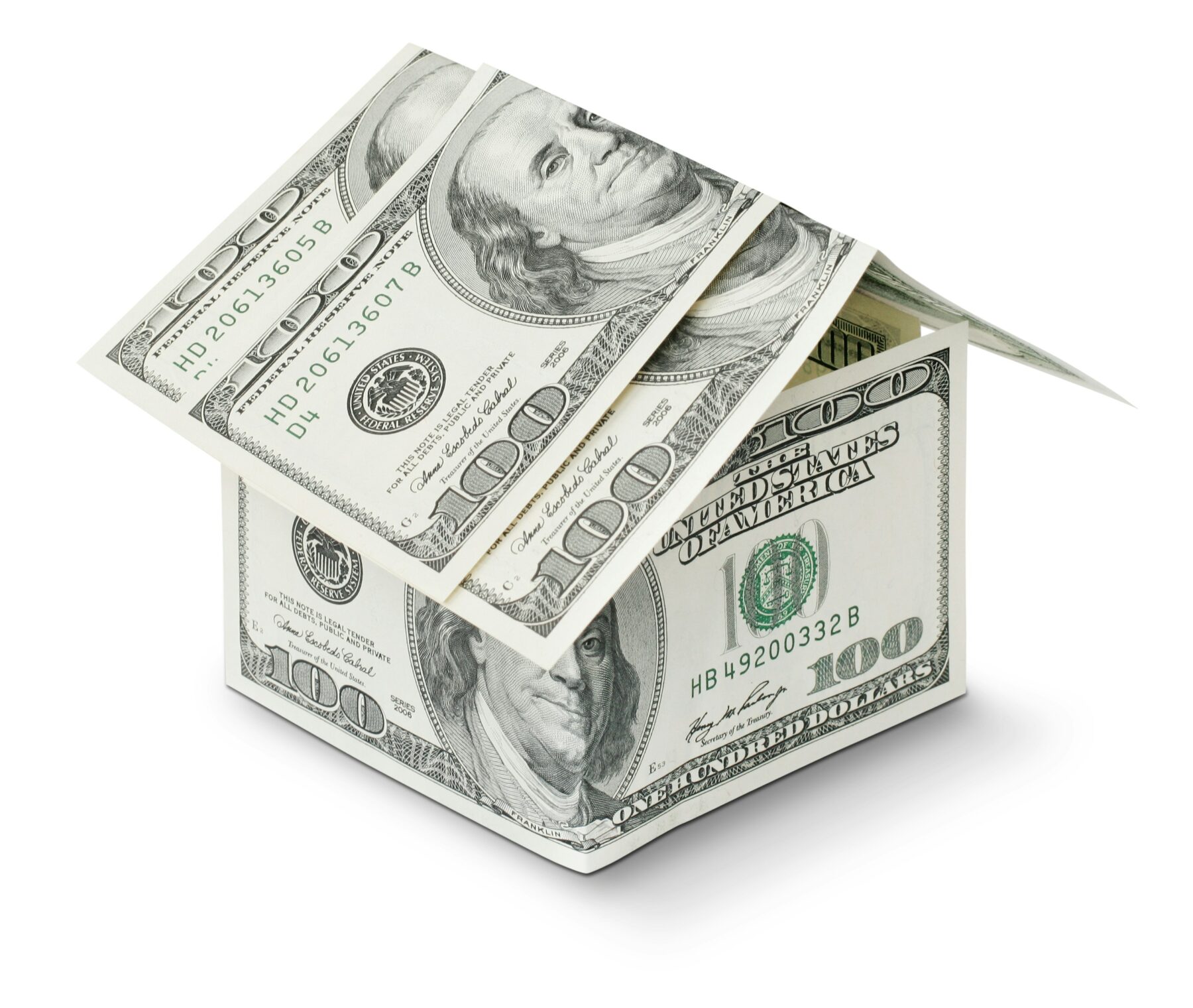 mortgage payoff fraud- a model house made of dollars on white background