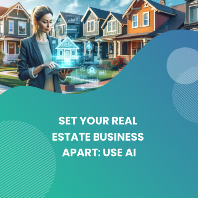 How to Use AI in Real Estate- AI generated banner image of a woman on a interactive tablet walking through a neighborhood